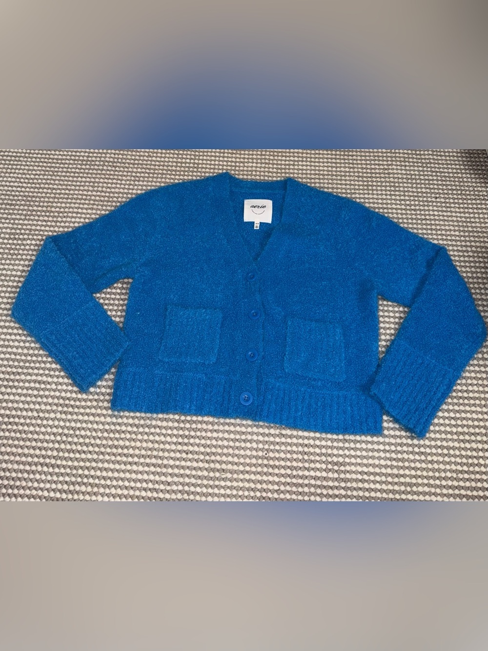 Aerie Women's Sweater Teddy Boucle V-Neck Cardigan Aqua Button Front Medium